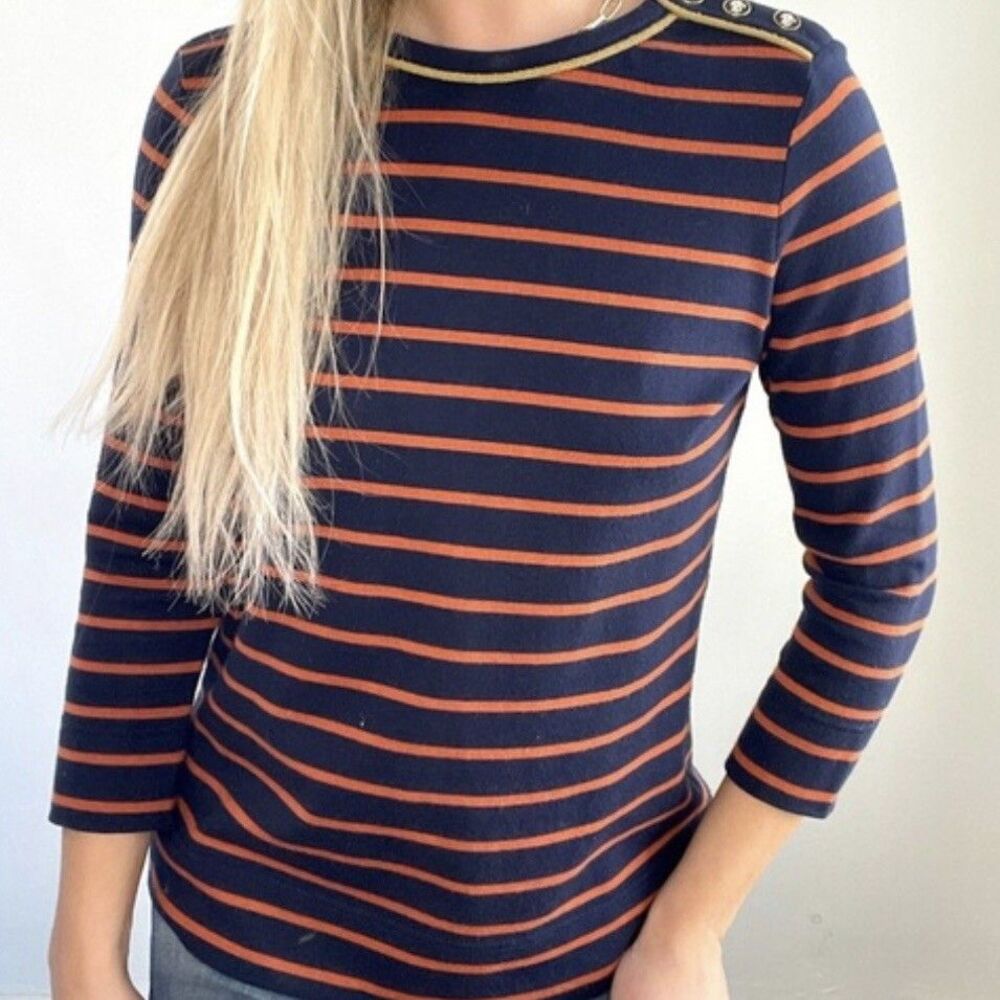 Tory Burch Women’s Size XS Cotton Lightweight Sweater Blue Orange Striped Button